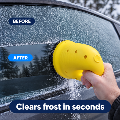 FrostSpin clearing frost from a car window, before and after
