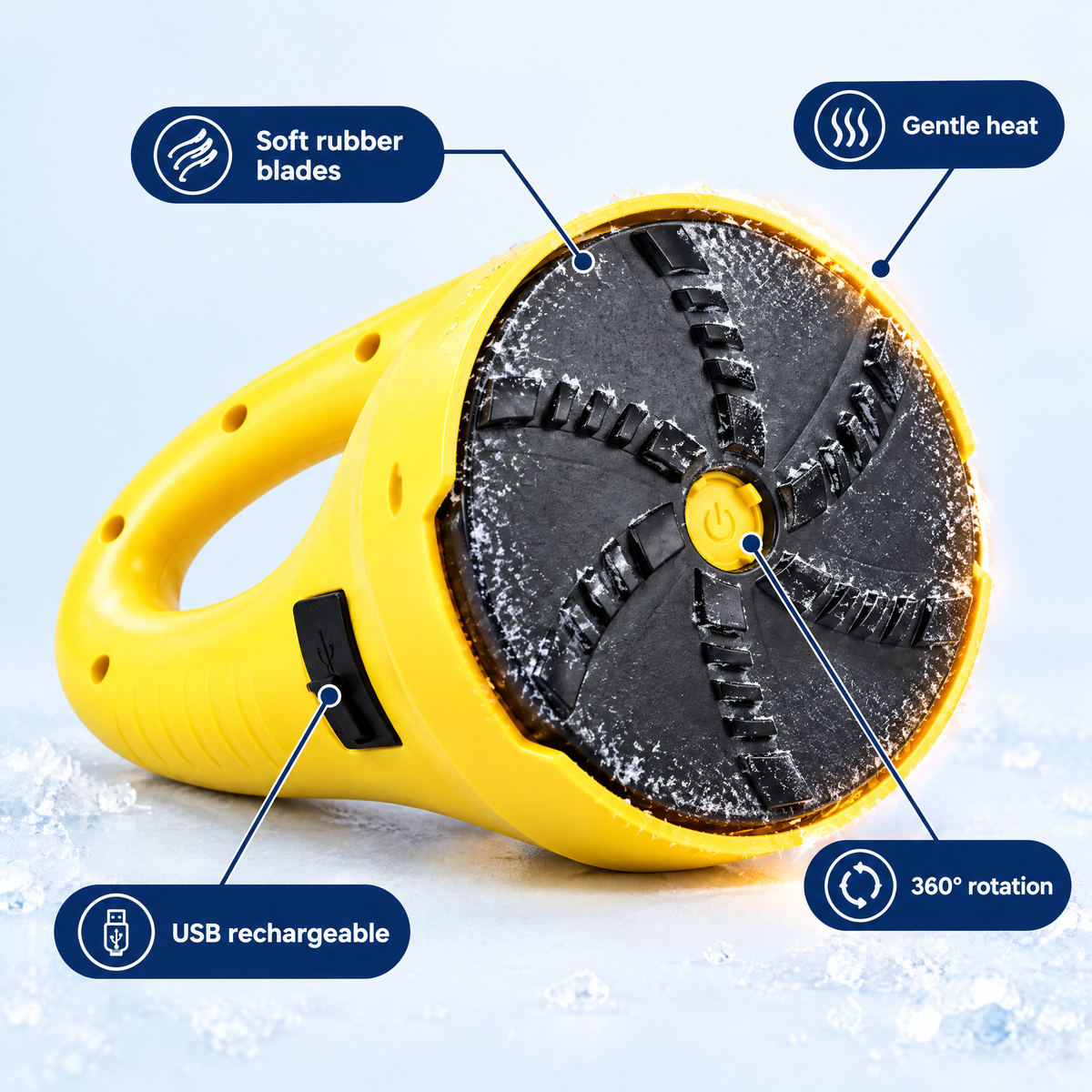 FrostSpin features: soft rubber blades, gentle heat, 360° rotation, USB rechargeable