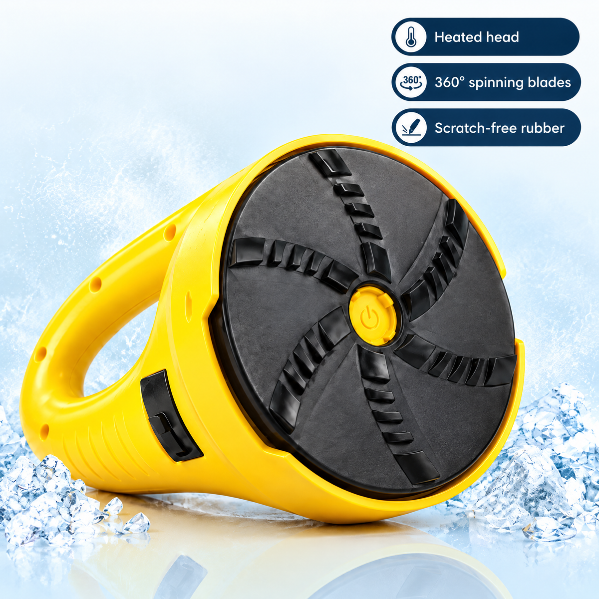 FrostSpin heated electric ice scraper with heated head, 360° spinning blades and scratch-free rubber